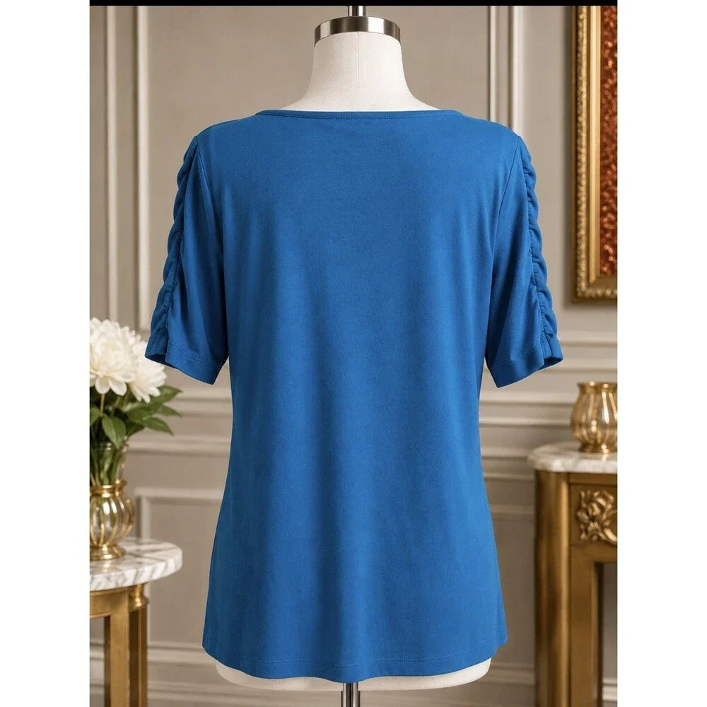 Women’s Teal Blue Scoop Neck Top Ruched Sleeve Stretch Knit Blouse Size S